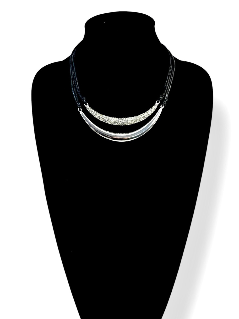 Chico’s Silver Pavé Crystal Layered Cord Collar Necklace NWT